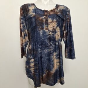 Bohemian Hippie 70's Boho Tie-Dye Long-Sleeve Relaxed Fit Tunic Top Size L/XL